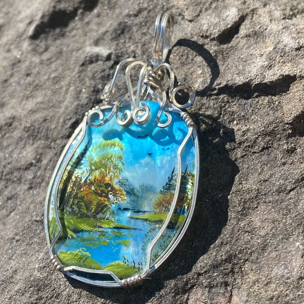 Hand Painted Wire Wrap Abalone Shell Pendant - image 8
